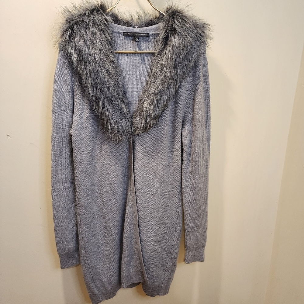 WHBM Women's Button Down Gray Cardigan with Faux Fur Collar Size M - Picture 11 of 11